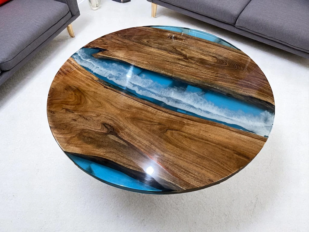 Blue Round Epoxy Ocean Table – Customizable Design